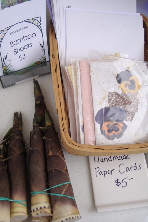 Handmade cards and bamboo shoots. I bought bamboo shoots to make rice with bamboo shoots. It was the first time that I've seen bamboo shoots being sold at a farmers' market in Arkansas. 